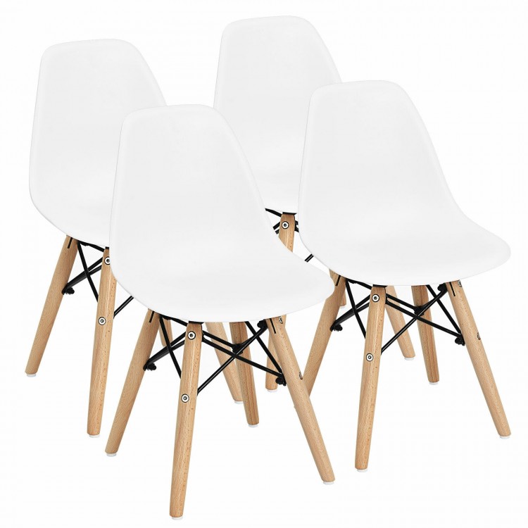 Set of four white mini DSW chairs with wood legs, ideal for kids' playrooms and study areas, ergonomic and lightweight.