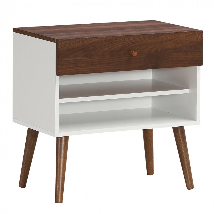 Mid-Century Nightstand with Drawer and Rubber Wood LegsCostway Gallery View 3 of 11