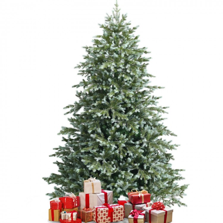 7 feet artificial Christmas tree with 1260 mixed PE and PVC tips, surrounded by colorful wrapped gifts for festive.