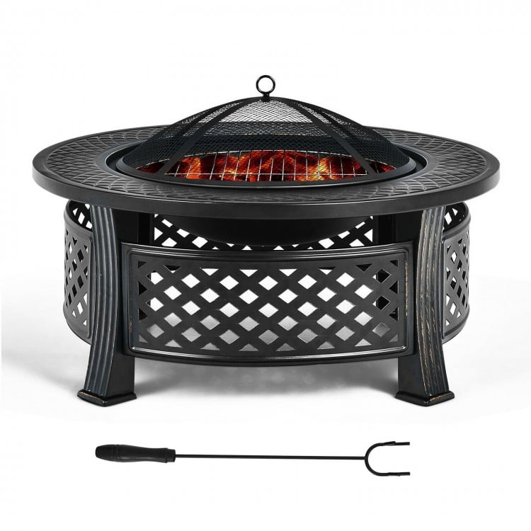 Outdoor fire pit with BBQ grill, high-temp resistant finish, mesh cover, and poker for backyard and patio use.