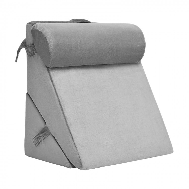 Adjustable gray memory foam wedge pillow with removable headrest for versatile support while reading or lounging.