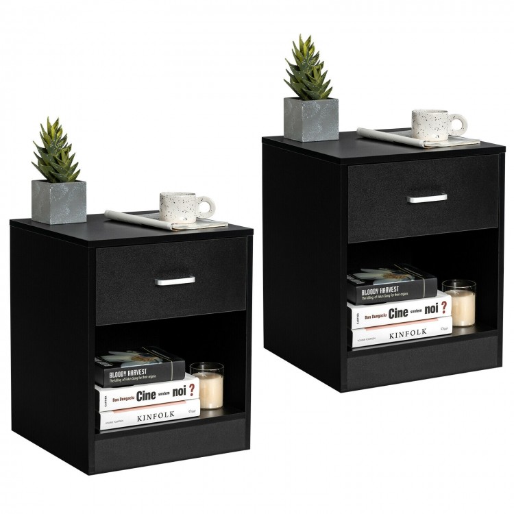 Black nightstand set featuring a storage drawer and open compartment, perfect for bedside or living room use.