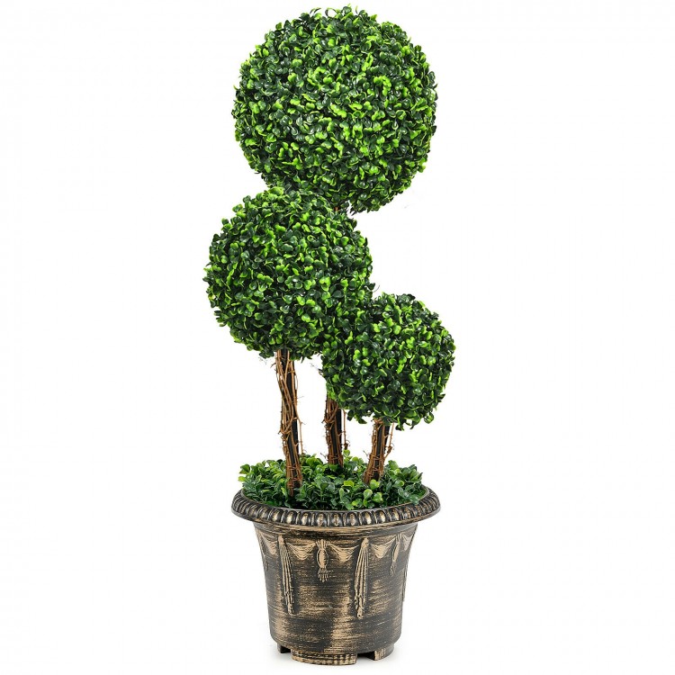 30-inch artificial topiary triple ball tree with vibrant green PE leaves in a decorative cement-filled pot for indoor.