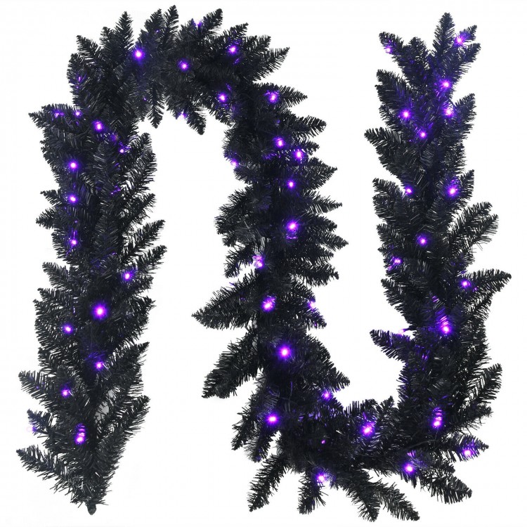9-foot pre-lit Halloween garland with 50 purple LED lights, featuring a black design for festive decoration.