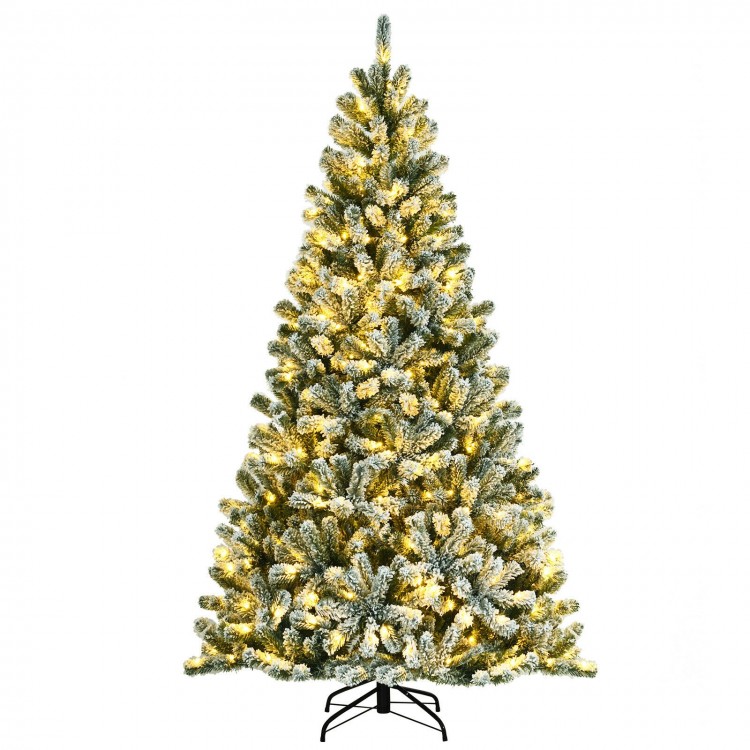 7-foot snow-flocked Christmas tree showcasing 1116 tips and warm white lights, ideal for creating a cozy holiday.