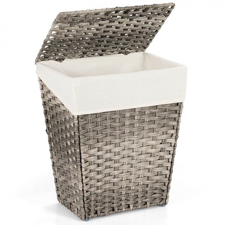 Handwoven gray laundry hamper with removable liner and flip lid, made of waterproof PE rattan for bathroom use.