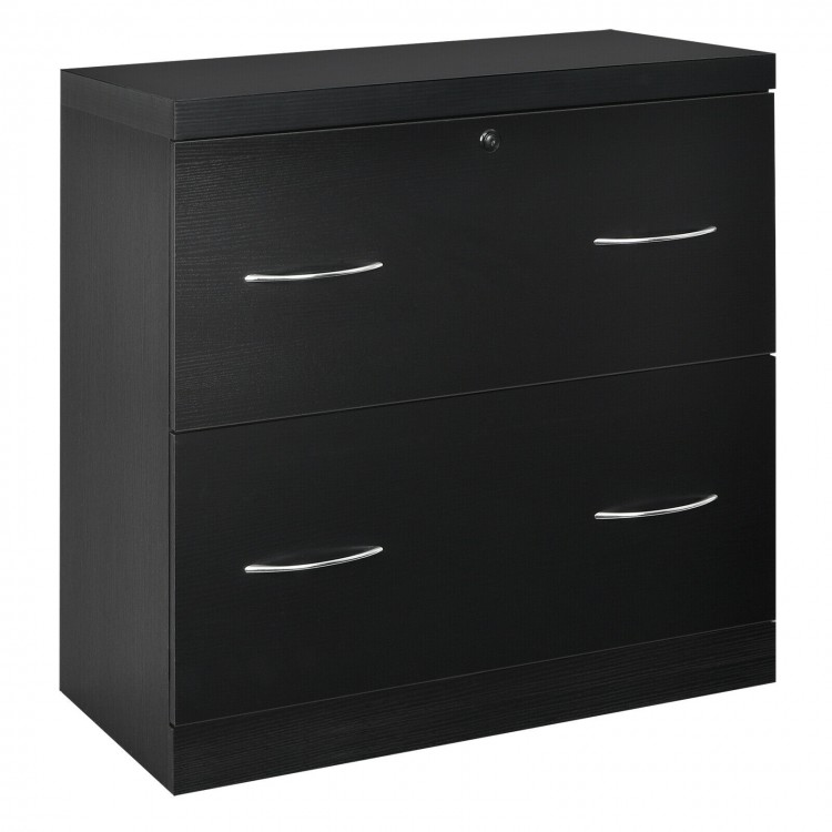 2-drawer black file cabinet with lock, sturdy density board, ample storage for letter and legal size documents.