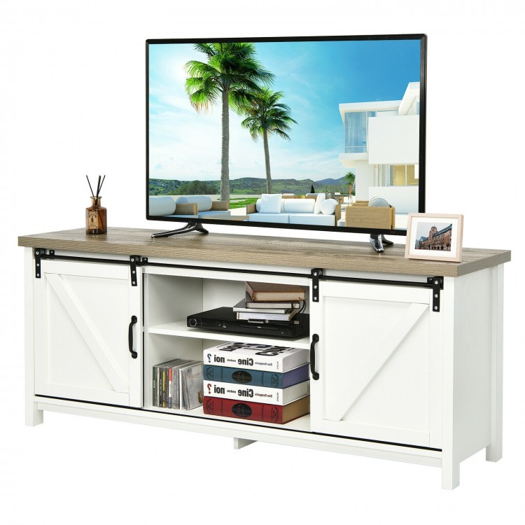 TV stand media center console cabinet in white with sliding barn doors, ample storage, and a natural wood grain finish.