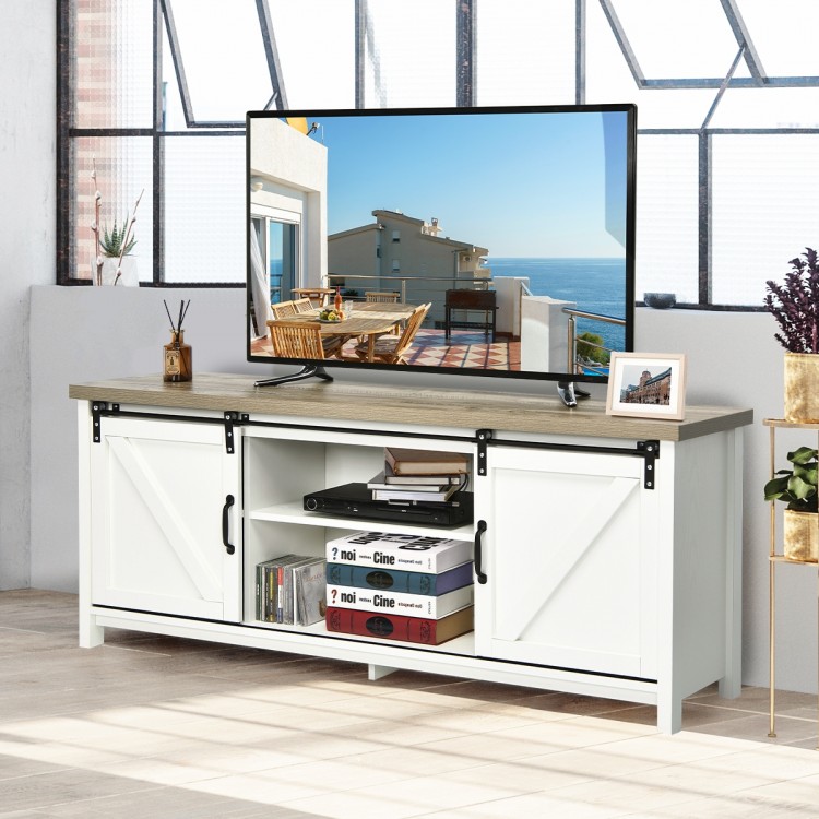 TV stand media center console cabinet in white with sliding barn doors, ample storage, and natural wood grain finish.
