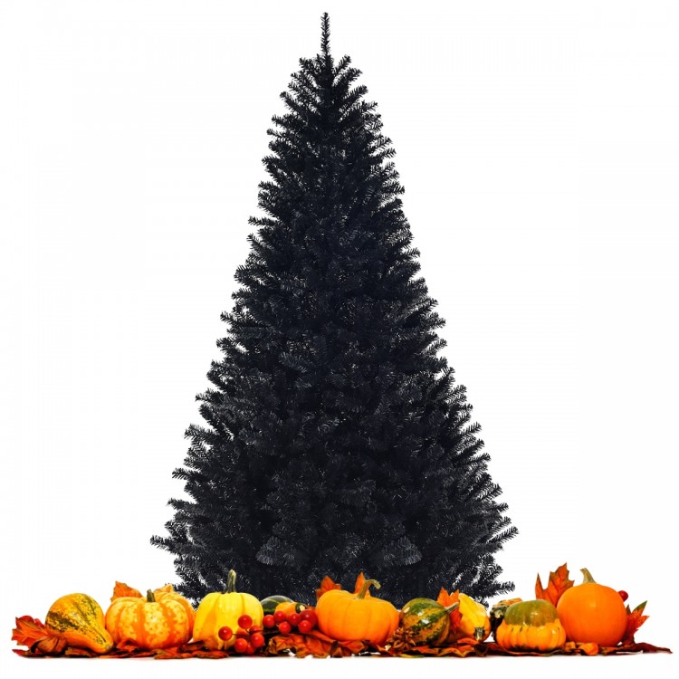 Black 7.5 feet hinged artificial Christmas tree with 1258 branch tips, perfect for customizable holiday decor.