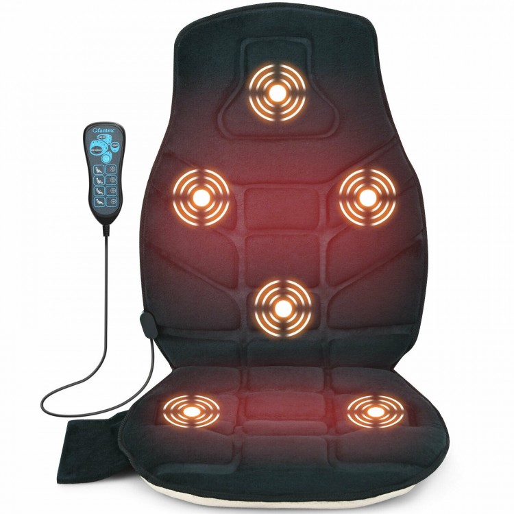 Seat cushion massager with heat and 6 vibration motors, featuring a plush cover for comfort and customizable massage.