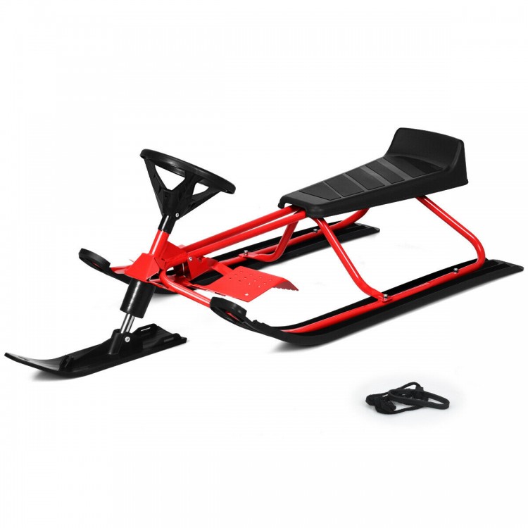 Snow sled with steering wheel and double brakes, featuring a durable iron frame and pull rope for easy transport.