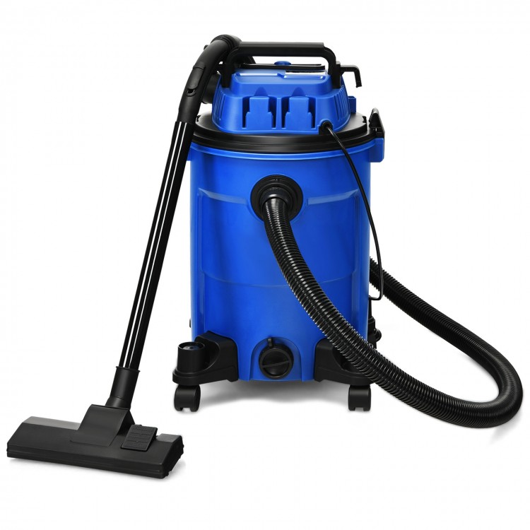 Blue 6.6-gallon wet dry vacuum cleaner with 4.8 HP motor, flexible wheels, and 32ft power cord for versatile cleaning.