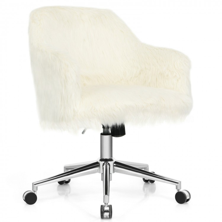 Fluffy faux fur office chair in beige with adjustable height and chrome base, perfect for teen girls' vanity or.