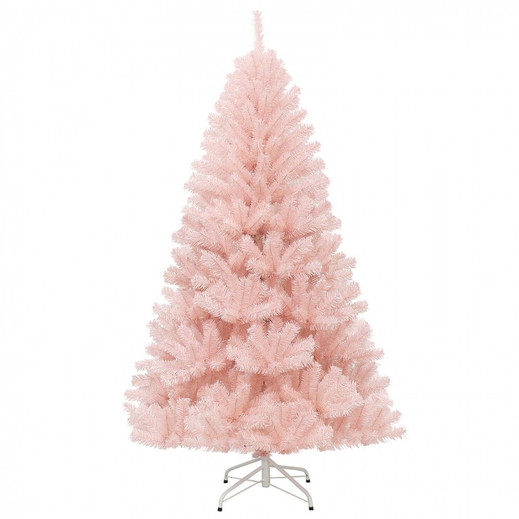 Pink 6ft artificial Christmas tree with hinged construction and X-shaped metal stand, perfect for festive home.