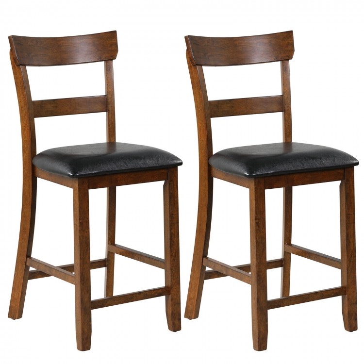 Counter height chair with a soft PVC leather seat and sturdy rubber wood legs, perfect for stylish and comfortable.