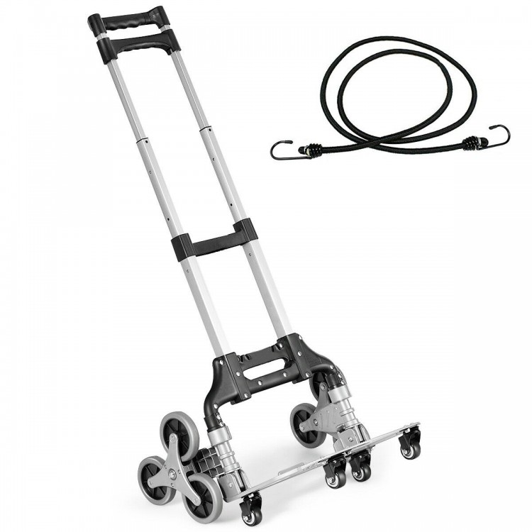 Portable folding stair climbing hand truck with adjustable handle and elastic rope for secure cargo transport.