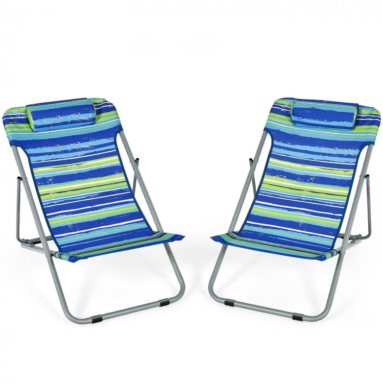 Two portable beach chairs in blue with adjustable backrests and headrests, perfect for outdoor relaxation and camping.