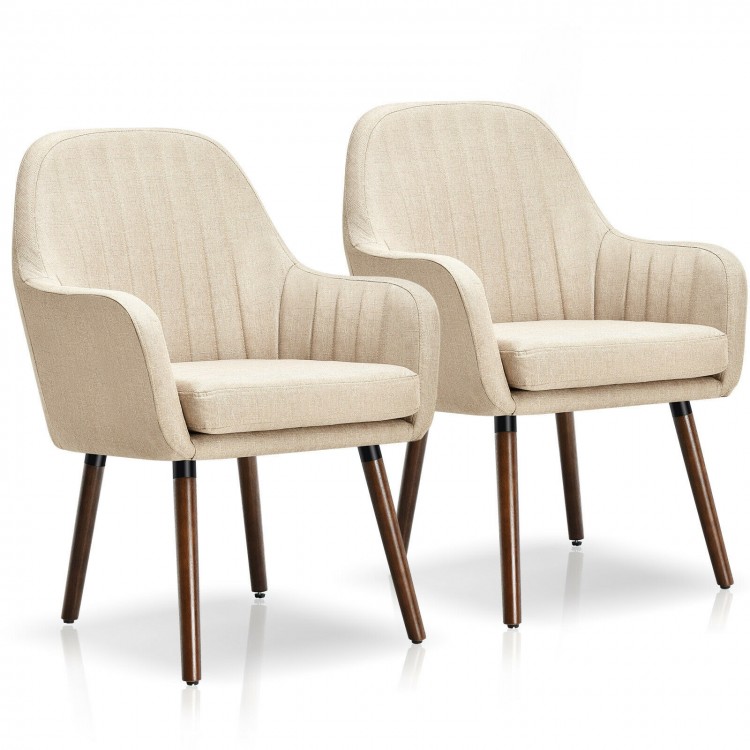 Set of 2 beige fabric upholstered accent chairs with wooden legs, featuring ergonomic armrests for comfort and.