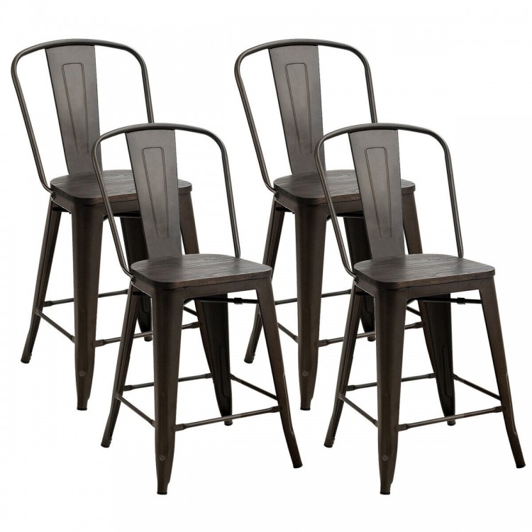 Set of 4 industrial metal counter stools with removable backrests, featuring durable steel and elmwood seats for.