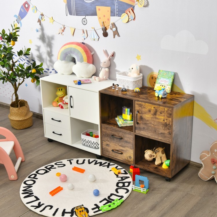 Mobile file cabinet in brown with open compartments and drawers, ideal for organized storage in any room.