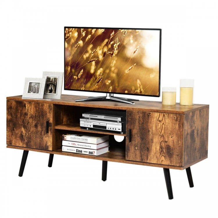 Industrial TV stand in rustic brown with storage cabinets, designed for TVs up to 55", featuring a large tabletop and.