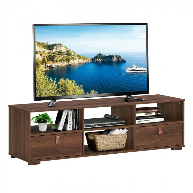 Walnut TV stand with spacious tabletop for TVs up to 60 inches, featuring two large drawers and open shelves for.