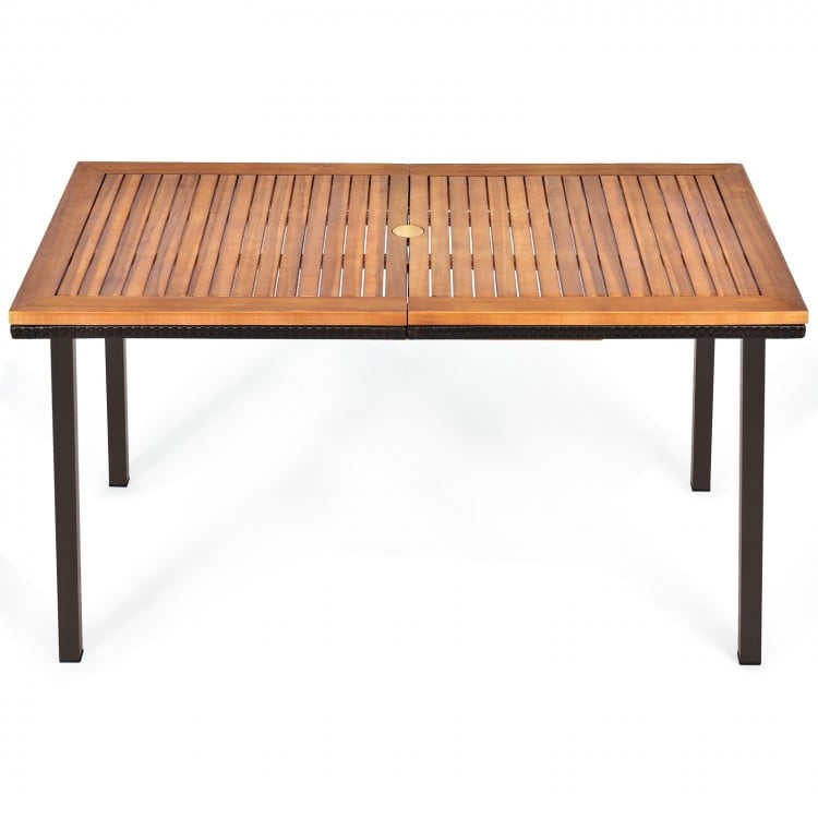 Acacia wood patio dining table with slatted surface and umbrella hole, perfect for outdoor gatherings and stable.