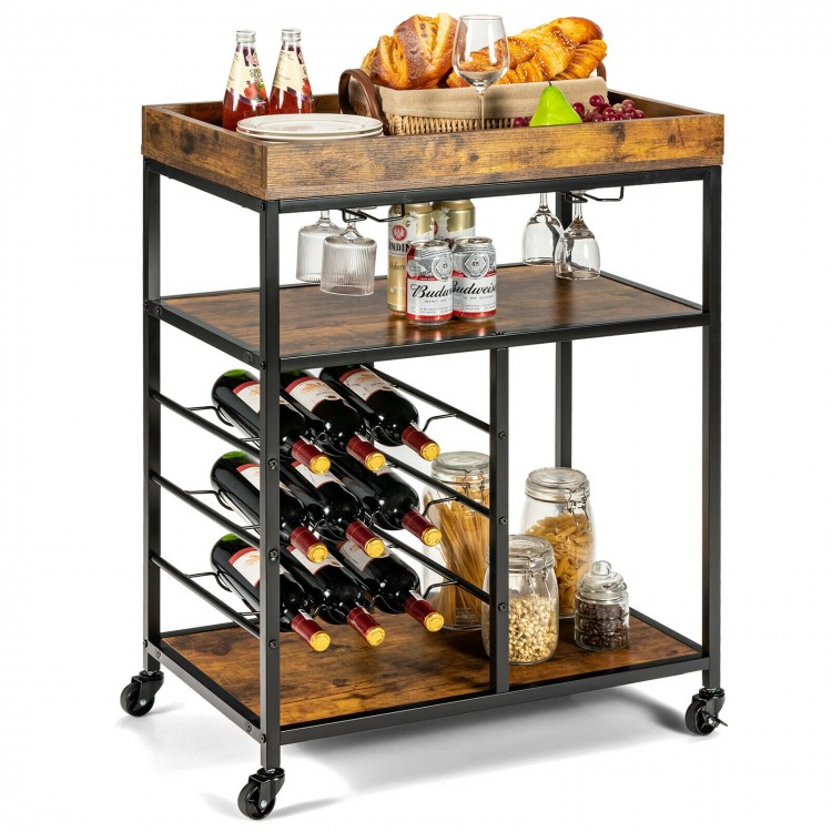 3-tier rustic brown wood rolling kitchen serving cart with wine rack, glass holders, and ample storage for versatile.