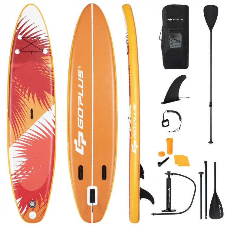 11-foot inflatable stand-up paddle board in orange with aluminum paddle, pump, and accessories for water activities.
