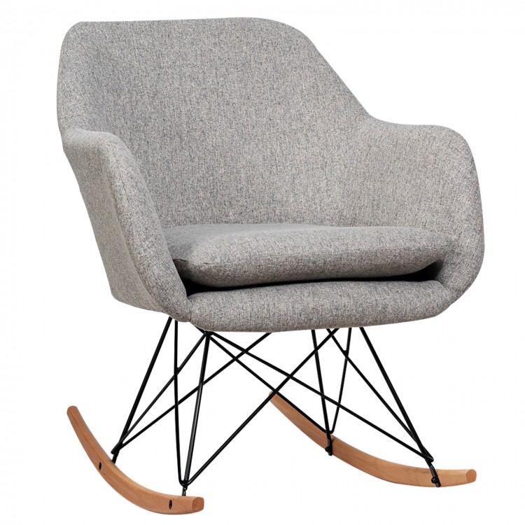 Gray upholstered rocking armchair with beech wood legs and steel frame, perfect for living room relaxation.
