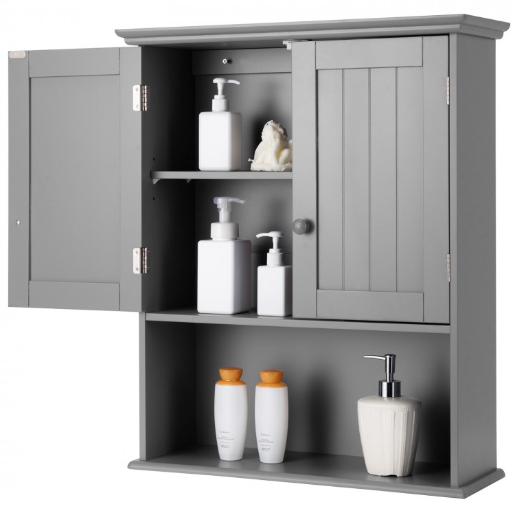 Wall-mounted dark gray bathroom storage cabinet with two doors, open shelf, and adjustable middle shelf for compact.
