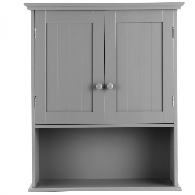 Wall-mounted dark gray bathroom storage cabinet with two doors and an open shelf for stylish organization.
