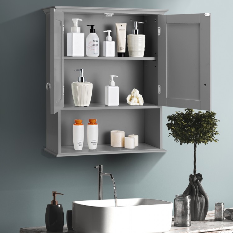 Wall-mounted dark gray bathroom storage cabinet with open shelf and two concealed compartments for efficient.