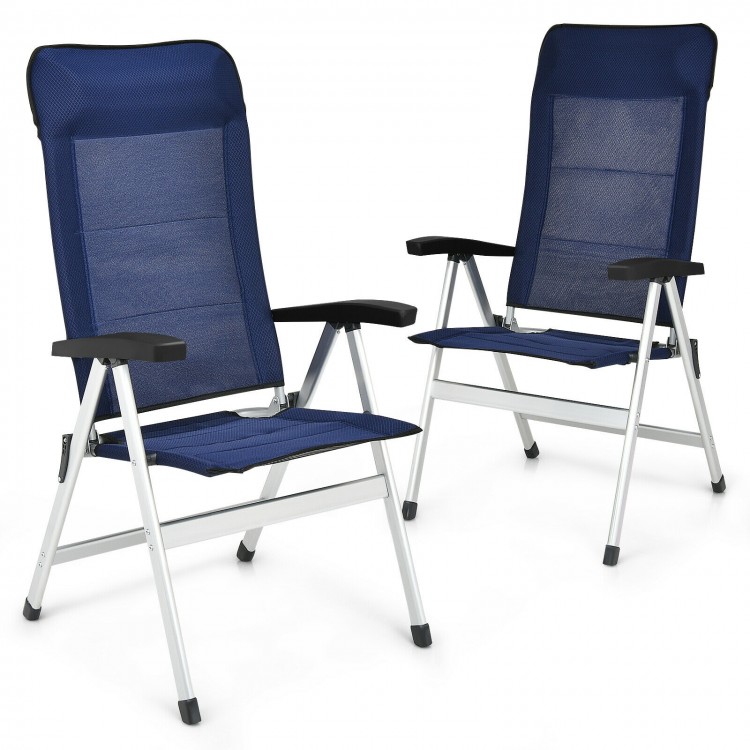 Two blue patio dining chairs with adjustable backrests, made of aluminum and iron, ideal for outdoor relaxation.