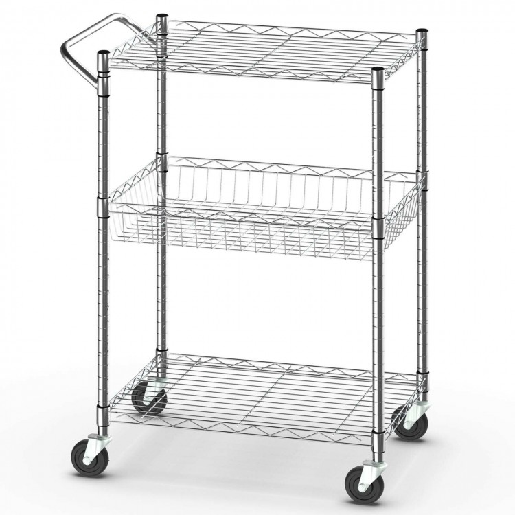3-tier rolling utility cart with adjustable shelves and handle bar, ideal for kitchen, office, or garage storage.