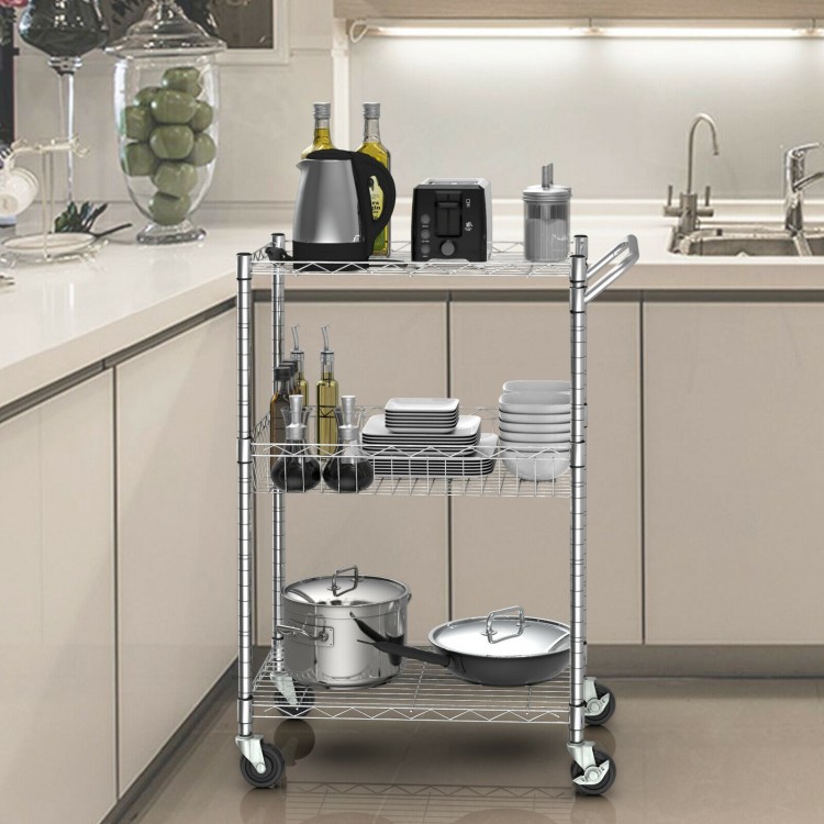 3-tier rolling utility cart with a sleek design and ample storage space, perfect for organizing kitchen appliances and.
