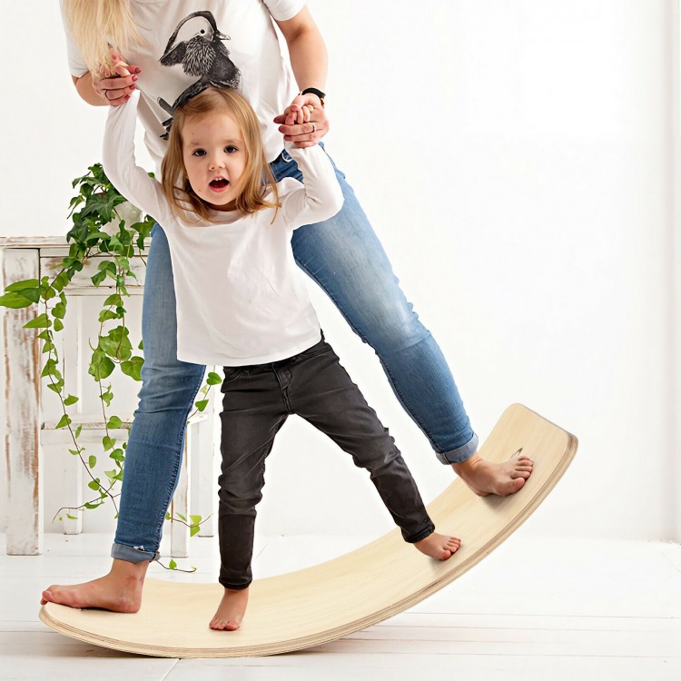 Wooden wobble balance board for kids, made of premium birch, ideal for play and exercise with a felt layer for safety.