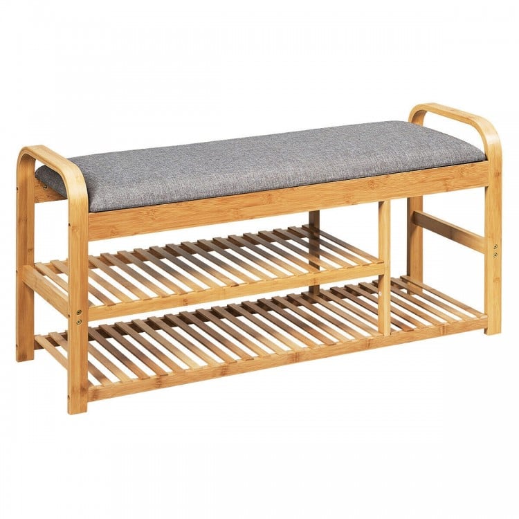 Bamboo shoe rack bench with cushion, featuring three tiers and ergonomic design, perfect for entryway seating.