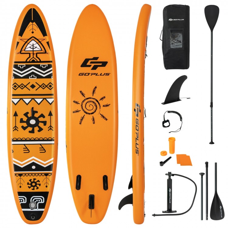 Inflatable stand-up paddle board in orange with accessories, ideal for water yoga, fishing, and stable surfing.