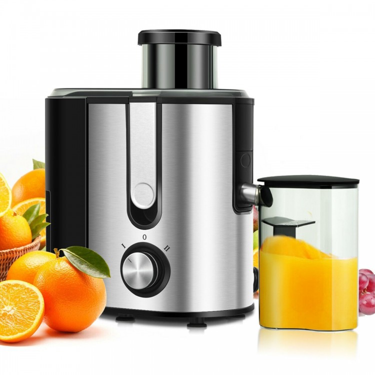 Centrifugal juicer machine with stainless steel finish, dual-speed control, and 600ml juice cup for efficient juicing.