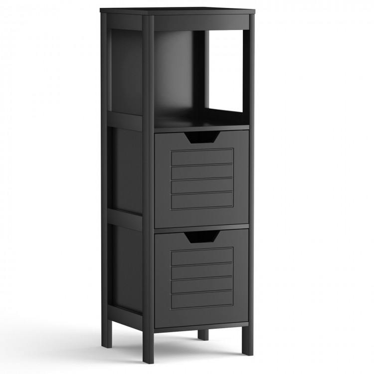 Tall black wooden floor cabinet with two drawers and open shelf, perfect for bathroom or living room storage.