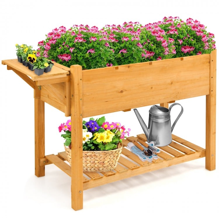 Elevated planter box made of fir wood with 8 grids, featuring a folding tabletop, ideal for patio gardening.