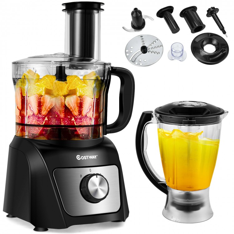 8-cup food processor with 500W motor, 3 blades, and large bowls for slicing, shredding, and juicing food efficiently.