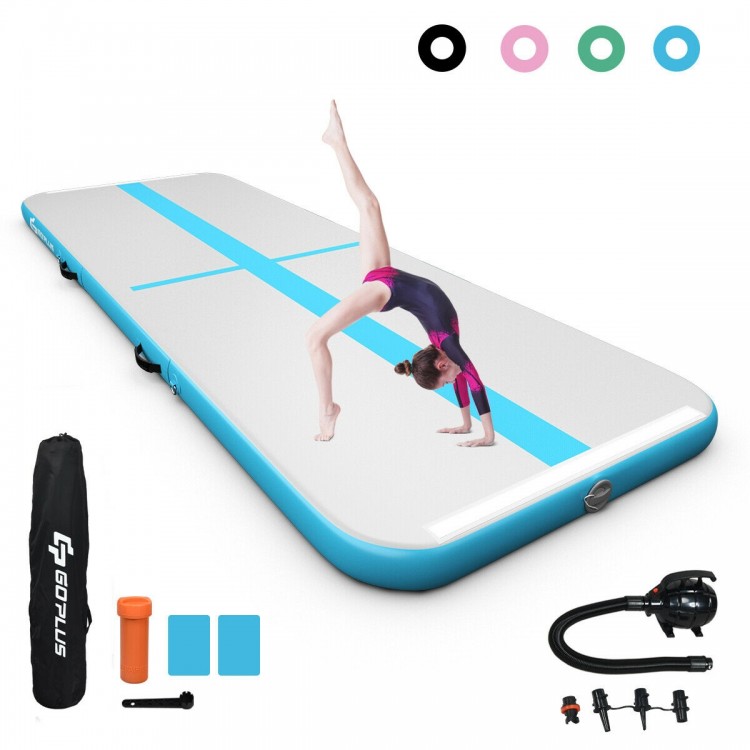 Inflatable 15 feet gymnastics tumbling mat in navy, made of durable PVC, ideal for home or gym exercise.