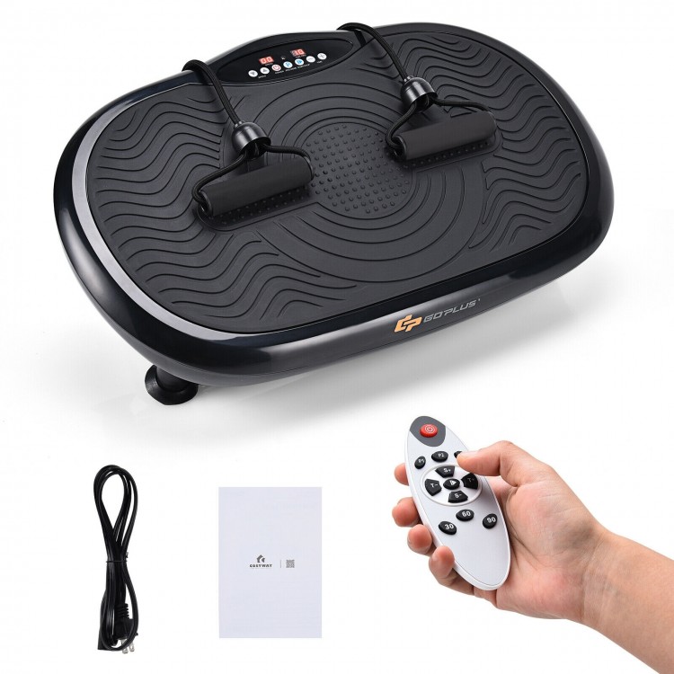 Mini vibration body fitness platform in black with remote control and resistance bands for full body training.
