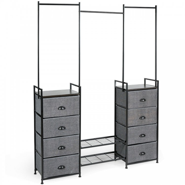 Portable multifunctional dresser with 8 fabric drawers and metal rack, ideal for organizing clothes and shoes.