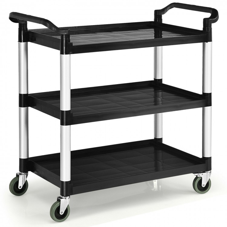 3-shelf utility service cart with aluminum frame, black PP surface, and rolling casters for easy transport in various.