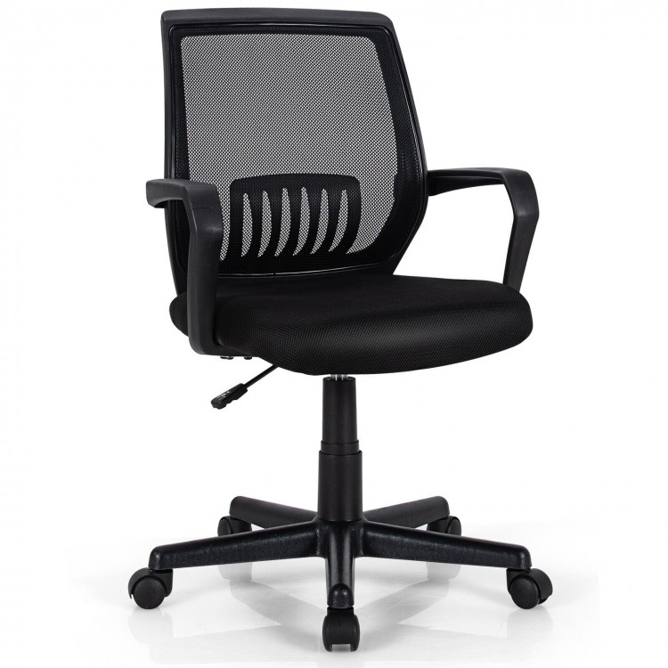 Mid-back mesh chair with breathable fabric and ergonomic design, featuring a padded seat and armrests for comfortable.