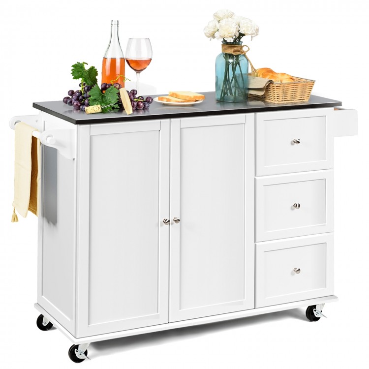 White kitchen island with stainless steel top, 2 doors, 3 drawers, and wheels for easy mobility and storage.